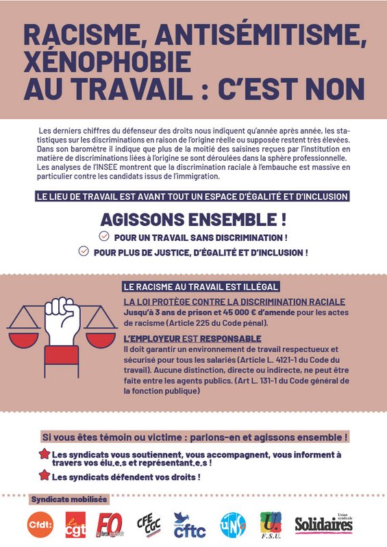 tract intersyndical : racisme, antisémitisme, xénophobie au travail, c'est NON !