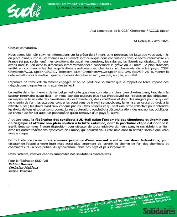 28 - Commission fédérale Internationale - Courrier de soutien CGSP Cheminots