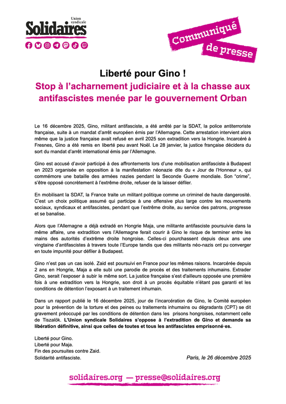 Liberté pour Gino ! Stop à l’acharnement judiciaire et à la chasse aux antifascistes menée par le gouvernement Orban