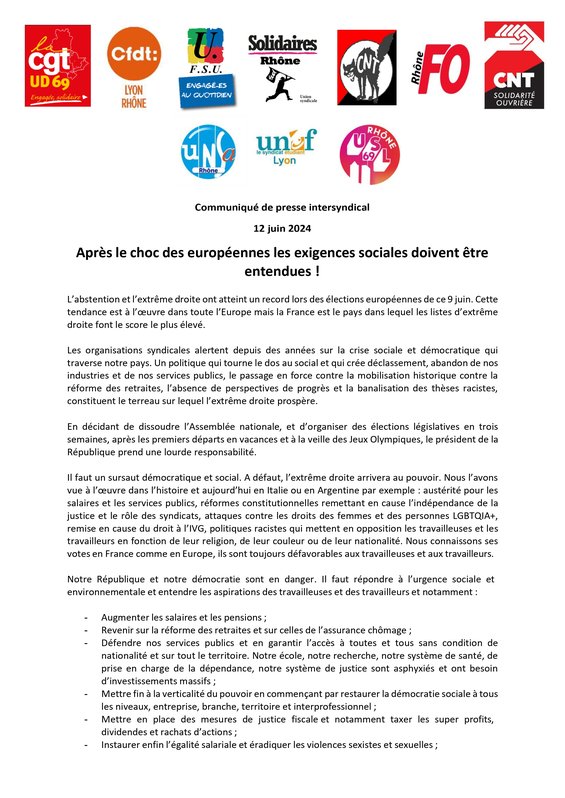 Communiqué de presse intersyndical 12 juin 2024 Après le choc des européennes les exigences sociales doivent être entendues !