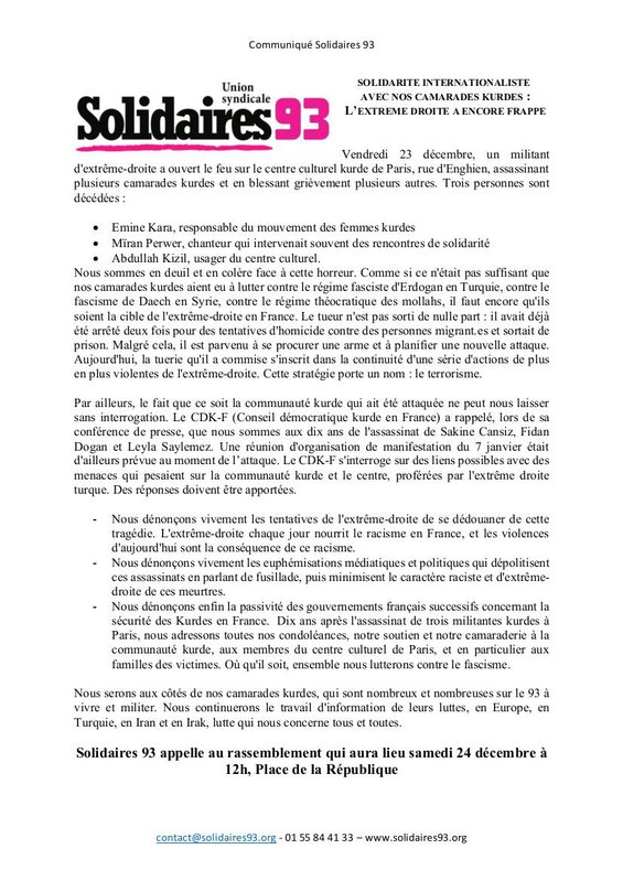 Solidarité internationaliste avec nos camarades kurdes